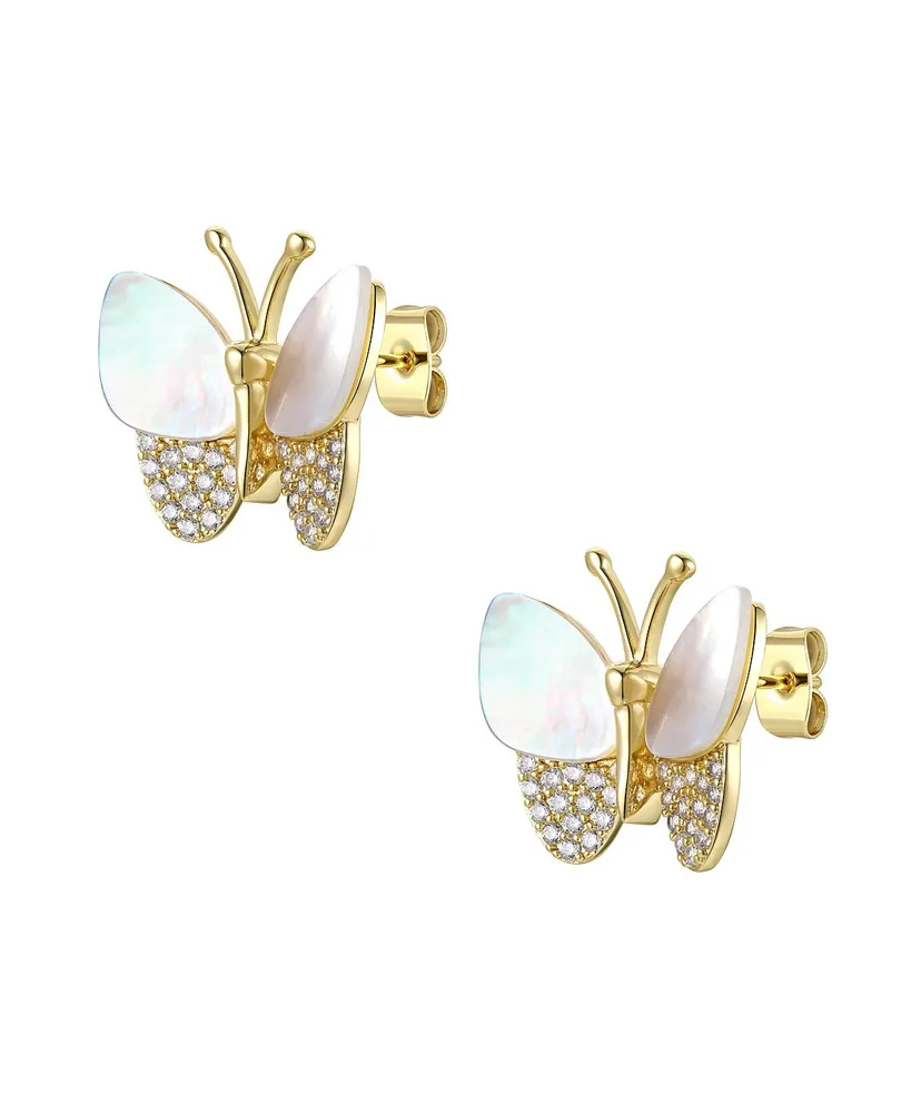 Genevive Sterling Silver Large 14k Gold Plated Sterling Silver with Mother of Pearl & Cubic Zirconia Butterfly Stud Earrings