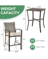 3PCS Patio Rattan Bar Furniture Set Slat Table 2 Cushioned Stools Poolside