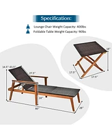 Costway 3PCS Patio Rattan Lounge Chair Chaise Set Wooden Frame Folding Table