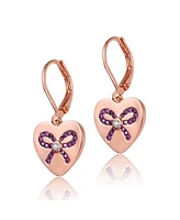 Genevive Sterling Silver with Pink Bow Heart Cubic Zirconia Leverback Earrings