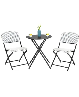3PCS Patio Rattan Bistro Set Folding Table Chairs Garden Deck