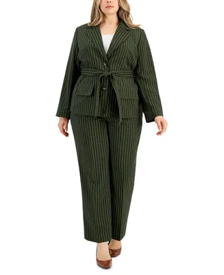 Le Suit Plus Striped Belted Pantsuit