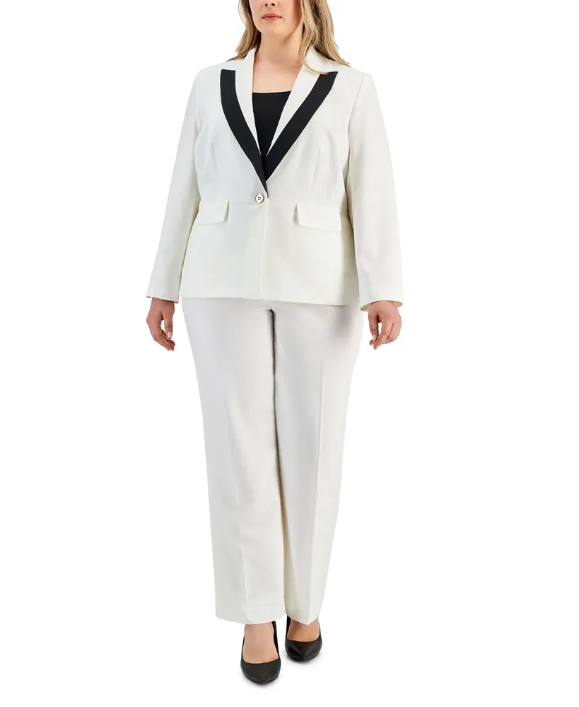 Le Suit Plus Contrast-Trim Peak-Lapel Pantsuit