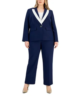 Le Suit Plus Contrast-Trim Peak-Lapel Pantsuit