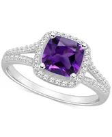 Amethyst (1-1/2 ct. t.w.) & Diamond (1/4 Cushion Halo Split Shank Ring Sterling Silver (Also Citrine, Garnet, Peridot, Blue Topaz)