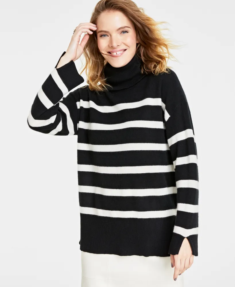 Charter Club Women's 100% Cashmere Striped Turtleneck Split-Cuff