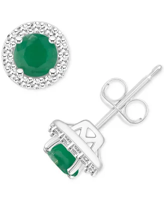 Emerald (1/2 ct. t.w.) & Diamond (1/6 Halo Stud Earrings Sterling Silver (Also Ruby Sapphire)
