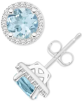 Aquamarine (1-1/2 ct. t.w.) & Diamond (1/5 Halo Stud Earrings Sterling Silver (Also Opal)