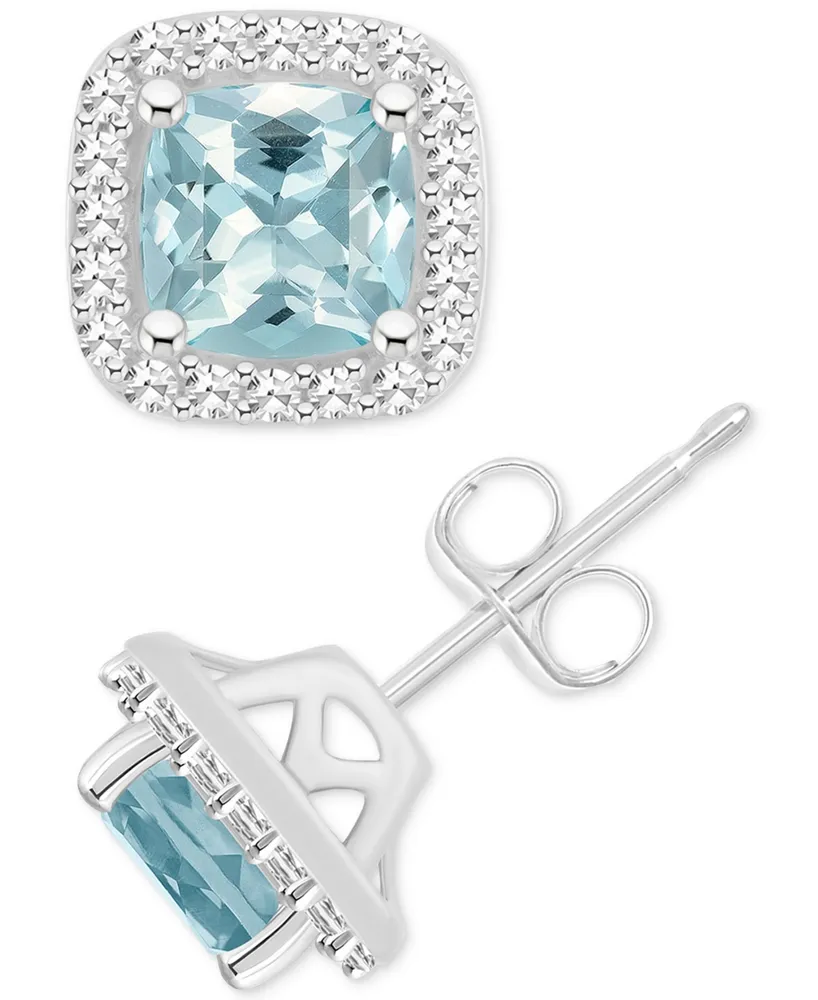 Aquamarine (1 ct. t.w.) & Diamond (1/5 ct. t.w.) Cushion Halo Stud Earrings in Sterling Silver