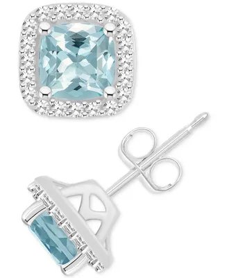 Aquamarine (1 ct. t.w.) & Diamond (1/5 ct. t.w.) Cushion Halo Stud Earrings in Sterling Silver