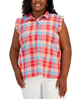 Tommy Hilfiger Plus Plaid Flutter-Sleeve Top