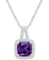 Amethyst (1-1/2 ct. t.w.) & Diamond (1/6 Cushion Halo 18" Pendant Necklace Sterling Silver (Also Citrine, Garnet, Peridot, Blue Topa