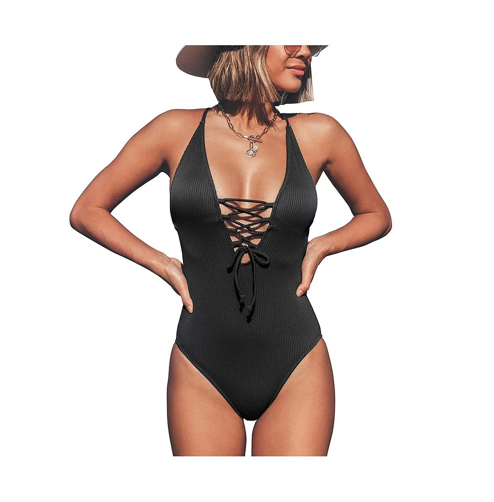 Cupshe Women's Solid Color V Neck Lace Up One Piece Swimsuit