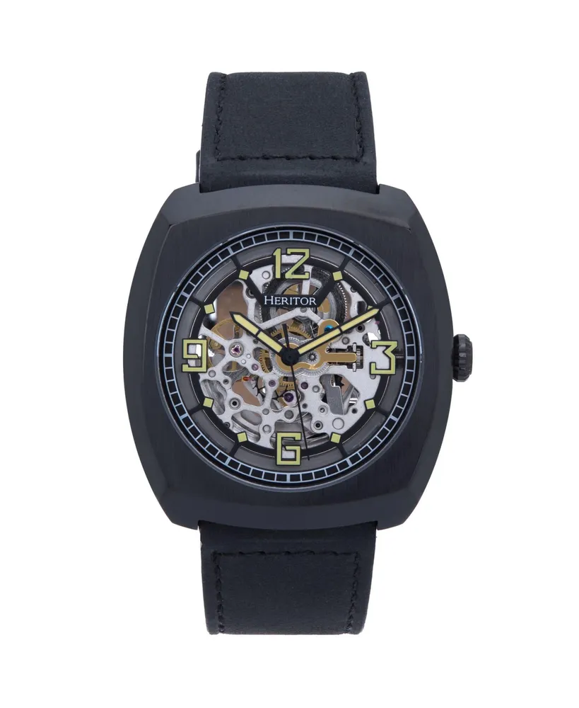 Heritor Automatic Men Gatling Leather Watch - Black, 44mm