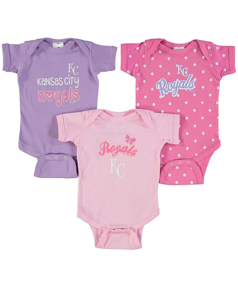 Girls Infant Soft As A Grape Pink, Purple Kansas City Royals 3-Pack Rookie Bodysuit Set
