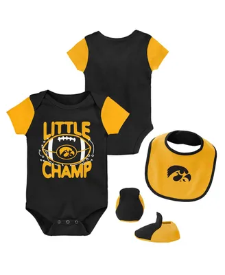 Newborn and Infant Boys Girls Black, Gold Iowa Hawkeyes Little Champ Bodysuit Bib Booties Set