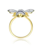 Genevive Sterling Silver 14k Yellow Gold Plated with Blue Cubic Zirconia Pave Wasp Ring