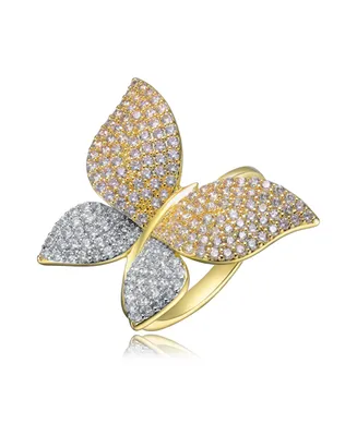 Genevive Sterling Silver 14k Gold Plated with Cubic ZIrconia Large Garden Butterfly Ring