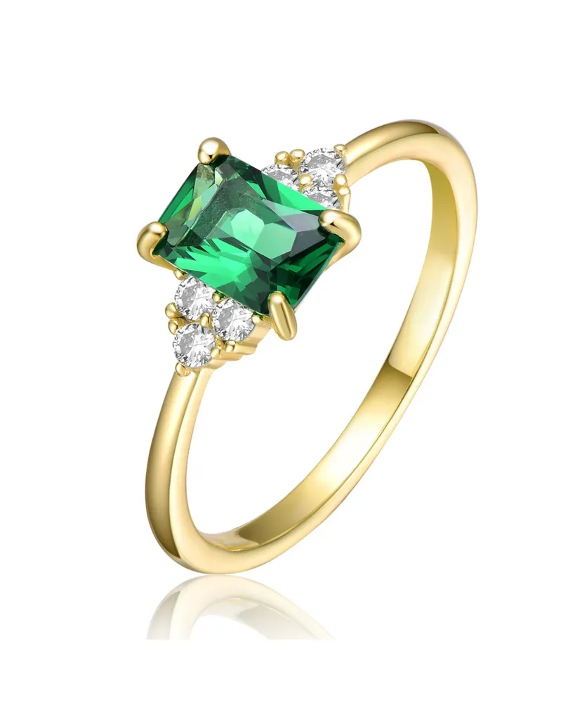 Genevive Sterling Silver 14k Yellow Gold Plated with Green & Cubic Zirconia Solitaire Cluster Statement Ring