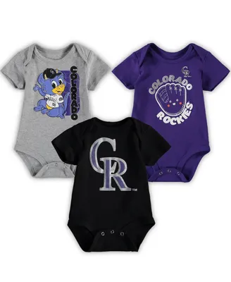 Infant Boys and Girls Black, Heathered Gray, Purple Colorado Rockies Change Up 3-Pack Bodysuit Set