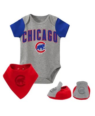 Newborn and Infant Boys Girls Heathered Gray Chicago Cubs Three-Piece Bodysuit Bib Bootie Set