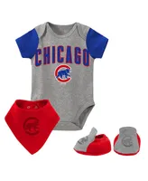 Newborn and Infant Boys Girls Heathered Gray Chicago Cubs Three-Piece Bodysuit Bib Bootie Set