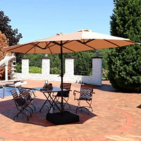 Sunnydaze Decor 15 ft Steel Double-Sided Patio Umbrella with Sandbag Base - Tan