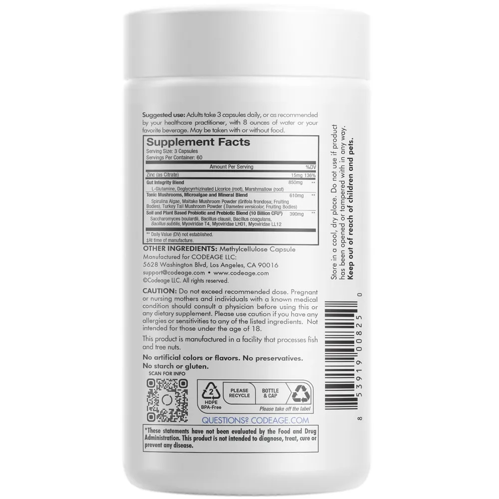Codeage Gut Health Formula, L Glutamine, Zinc, Mushrooms, Licorice, Probiotics & Prebiotics Supplement - 180ct