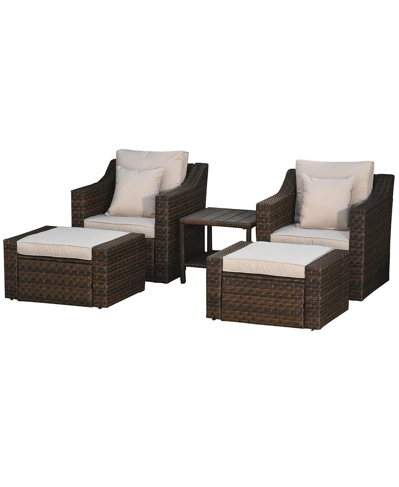 Outsunny 5-Piece Pe Rattan Outdoor Patio Armchair Set with 2 Chairs, 2 Ottomans, Coffee Table Conversation Set, & Durable Build, Beige