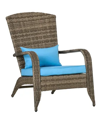 Outsunny Patio Adirondack Chair with All-Weather Rattan Wicker, Soft Cushions, Tall Curved Backrest for Deck or Garden, Sky Blue
