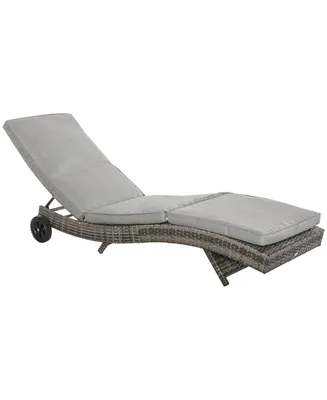 Outsunny Patio Wicker Cushioned Chaise Lounge Chair, Outdoor Pe Rattan Sun lounger w/ 5-Level Adjustable Backrest & 2 Wheels for Easy Movement, Grey