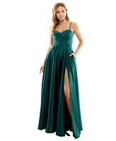 B Darlin Juniors' Pleated-Bodice High-Slit Evening Gown