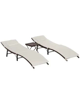 Outsunny Set of 2 Patio Pe Rattan Chaise Lounge Set, 3 Pieces Outdoor Folding Wicker Ledge Loungers Chair with Folding Table, Pillow