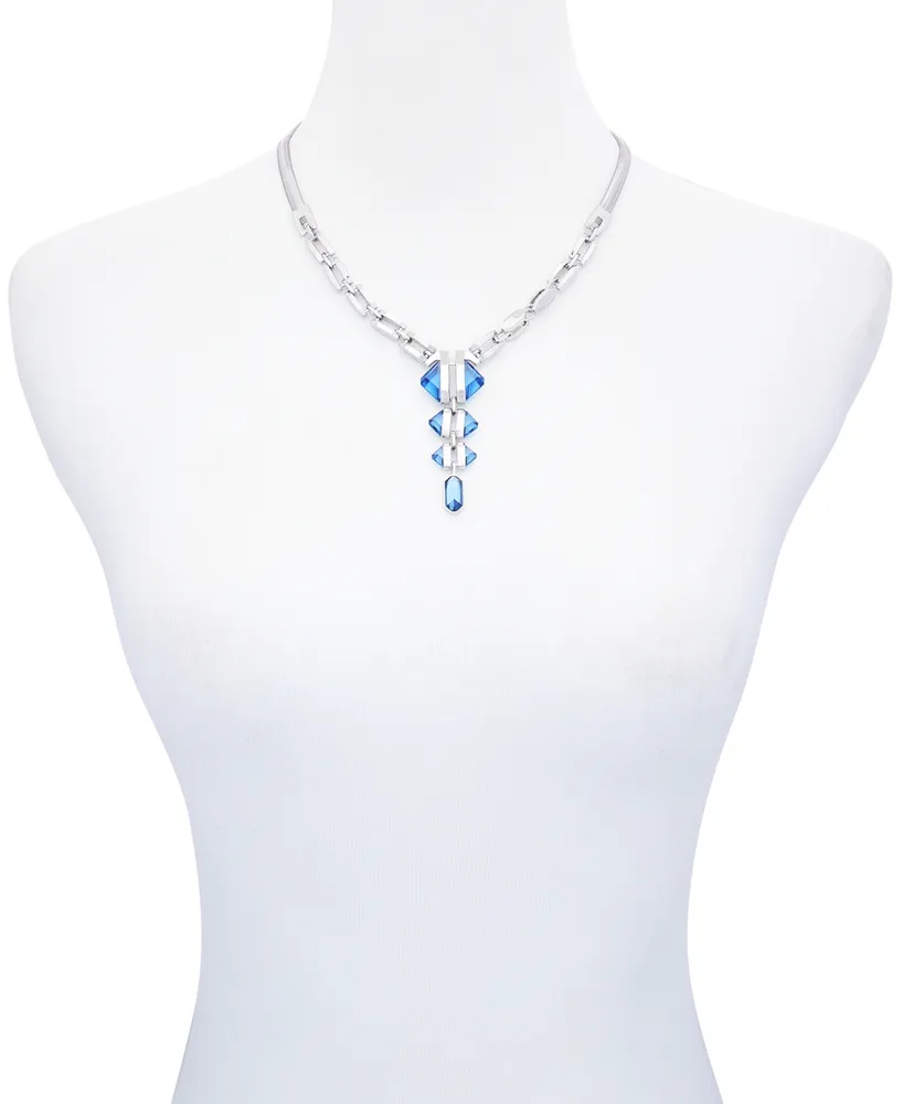 Vince Camuto Imitation Light Sapphire Epoxy Pendant Silver-Tone Thick Snake Chain Necklace