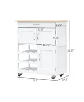 Homcom Kitchen Island on Wheels, Rolling Kitchen Cart with Drawer, 9-bottle Wine Rack, Storage Cabinets, Wooden Countertop, White