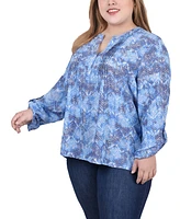 Ny Collection Plus Long Roll Tab Sleeve Pintuck Front Blouse