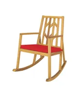 Costway Patio Rocking Chair Acacia Wood Armrest Cushioned Sofa Garden Deck