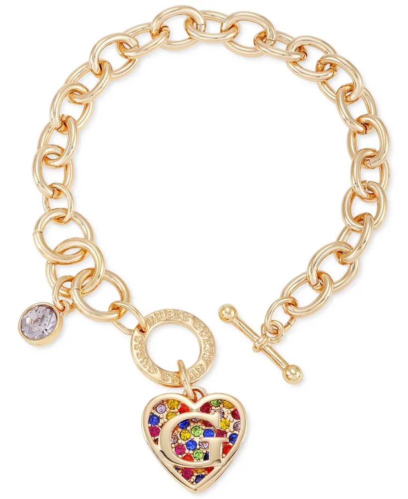 Guess Gold-Tone Rainbow Pave Logo Heart Link Bracelet