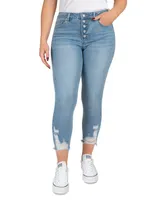 Indigo Rein Juniors' Mid Rise Button Fly Distressed Cropped Curvy Jeans