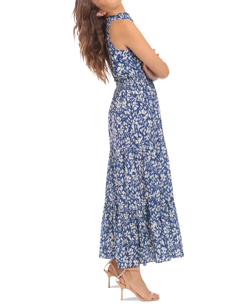 London Times Petite Floral Ruffled-Neck Maxi Dress