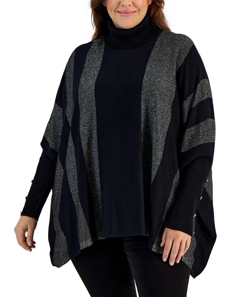 Jm Collection Plus Lurex-Striped Turtleneck Poncho Sweater, Created for Macy's