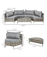 Outsunny 5PC Outdoor Patio Furniture Set Garden Sectional Rattan Wicker Sofa Set Cushioned Half-Moon Seat Deck w/ Pillow Grey