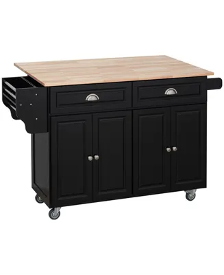 Homcom Rolling Kitchen Island on Wheels Utility Cart with Drop-Leaf and Rubber Wood Countertop, Storage Drawers, Door Cabinets