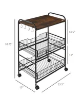 Homcom 24" 3-Tier Rolling Kitchen Cart, Utility Storage Trolley with 2 Basket Drawers, Side Hooks for Dining Room, Brown