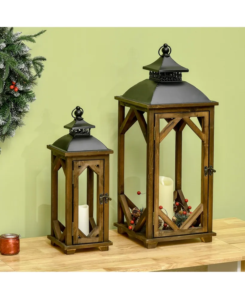 Homcom 2 Pack 31"/21" Large Rustic Lantern Decorative, Hanging Wooden Metal Indoor Covered Outdoor Lantern for Home Decor, Black and Dark Wood Color