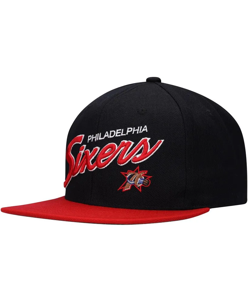 Men's Mitchell & Ness Black, Red Philadelphia 76ers Team Script 2.0 Fitted Hat