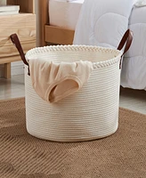 Extra Large Round Cotton Rope Storage Basket Laundry Hamper with Leather Handles