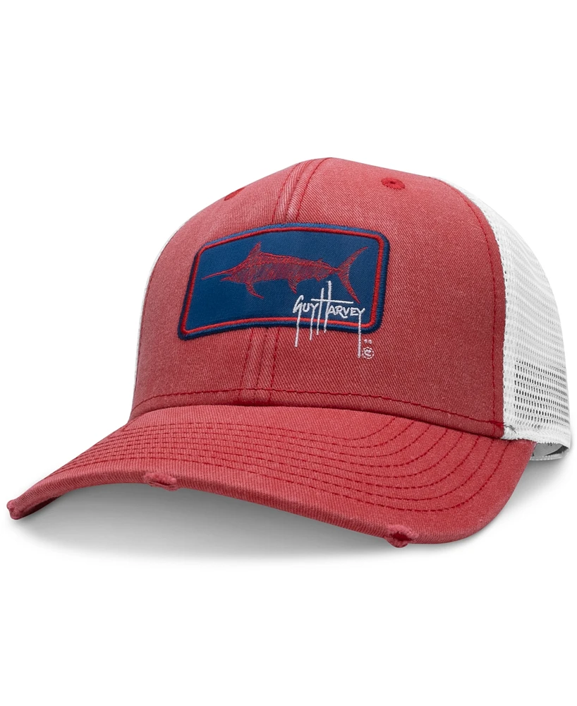 Guy Harvey Men's Woven Billfish Patch Distressed Trucker Hat