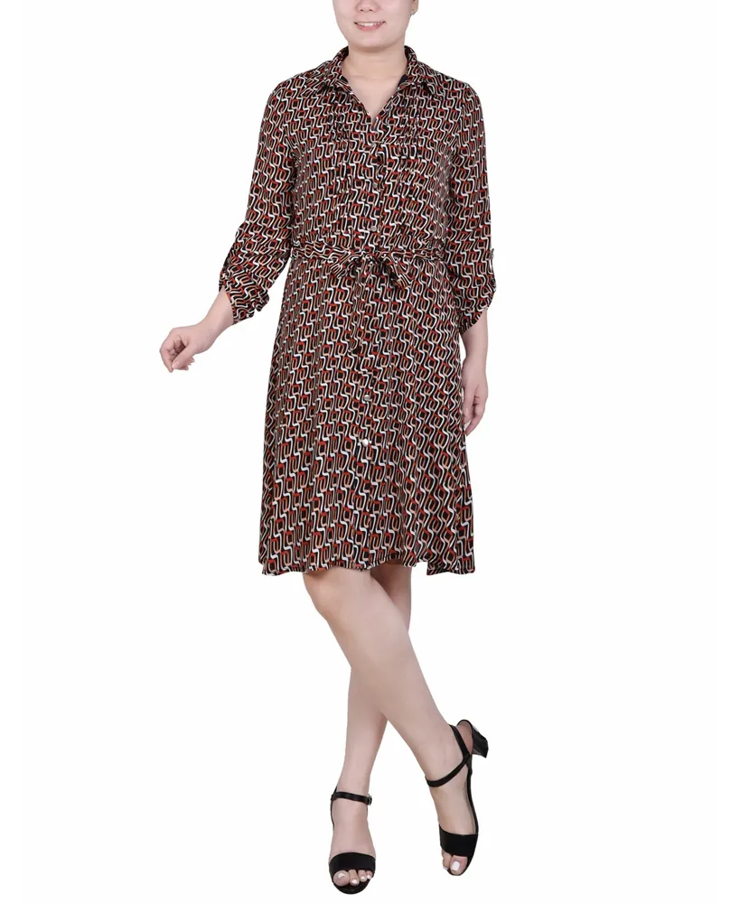 Ny Collection Petite Geometric Printed Roll Tab Sleeve Dobby Shirt Dress