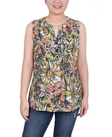 Ny Collection Petite Sleeveless Printed Pintucked Blouse